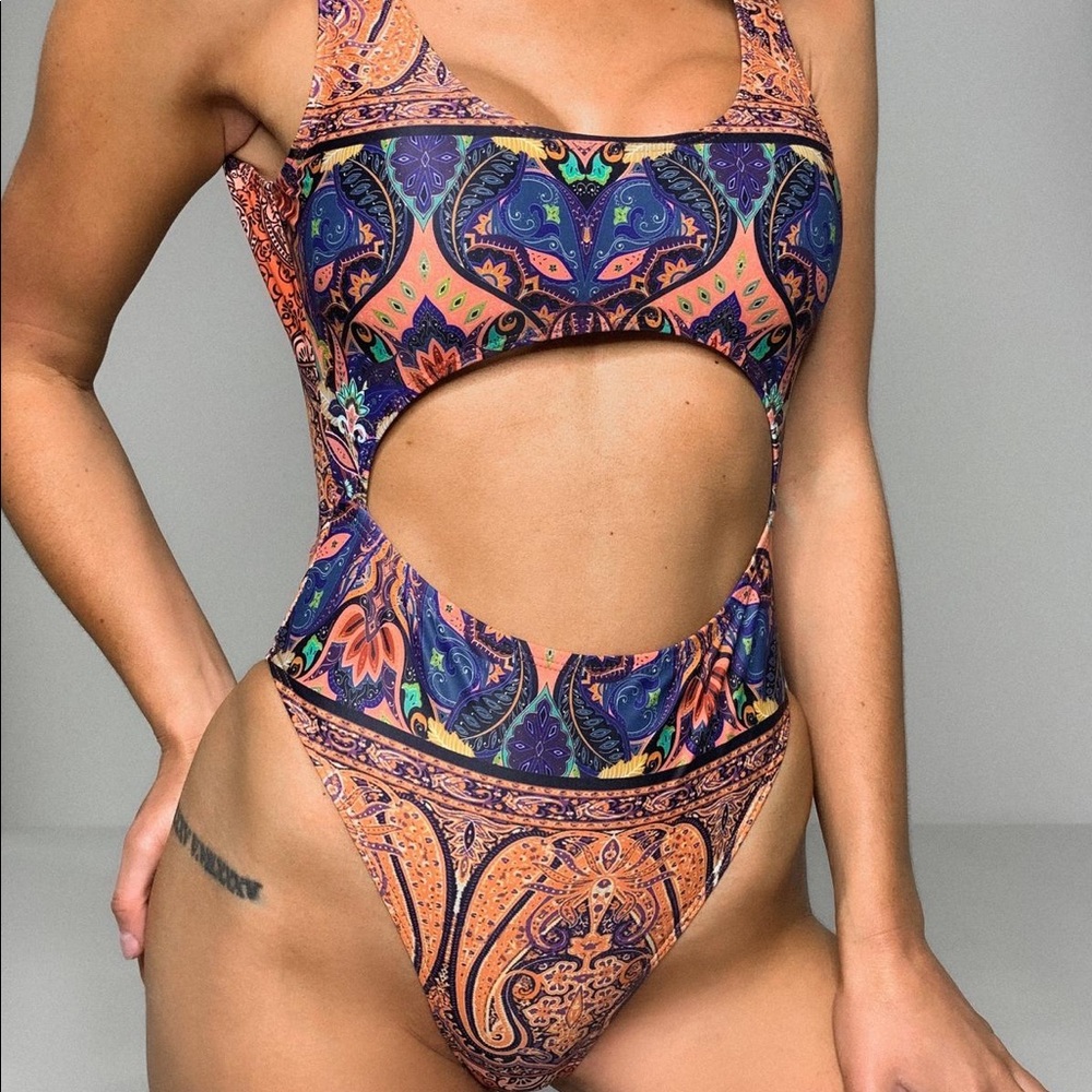 Missguided paisley orange print cut out swim